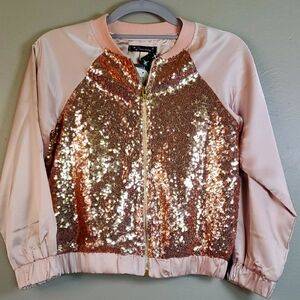 NWT Xtraordinary Girls Pink Blush and Gold Sequin Bomber Jacket. Small